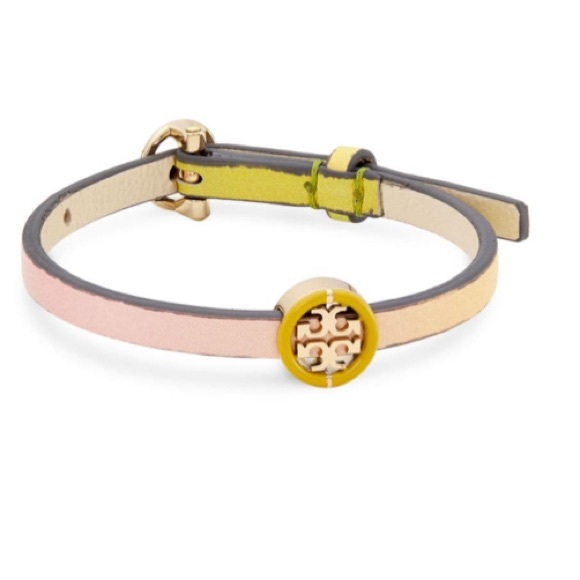 Tory Burch Women's Miller Leather Bracelet in Tory Gold/Shell Pink/Muscadine, One Size